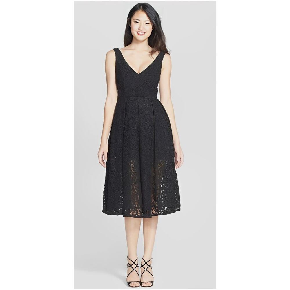 Bardot Lace Fit and Flare Sleeveless V Neck Floral Flirty Midi Dress | US 8